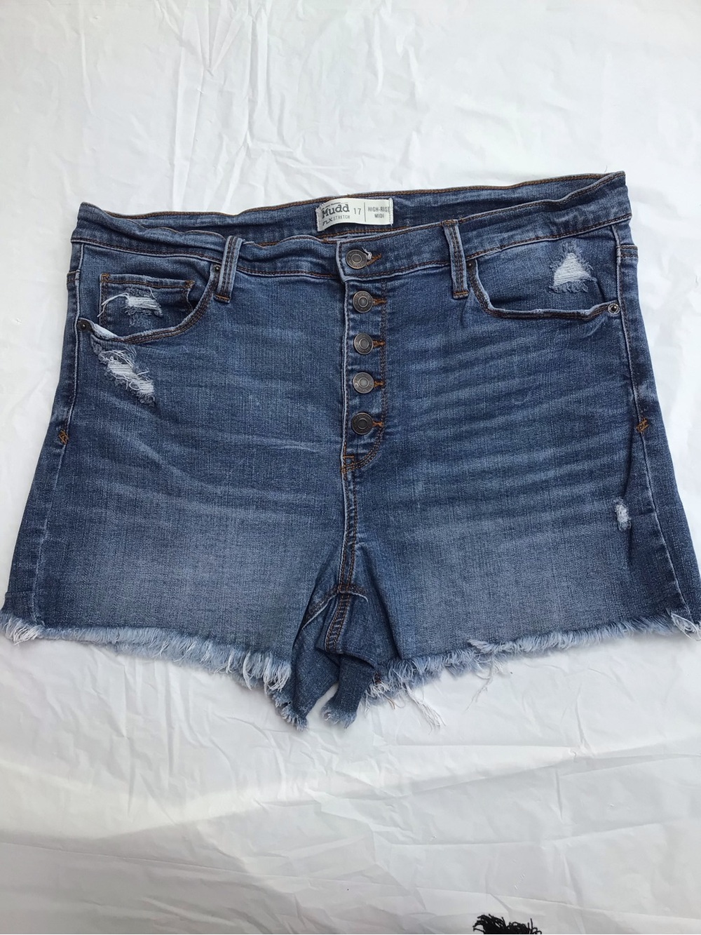 Mudd Distressed High-Rise Midi Denim Shorts - Medium Blue